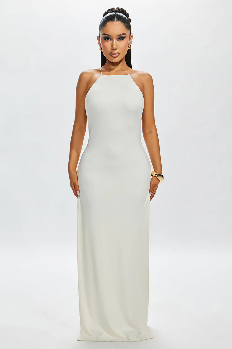 Fashion Nova Backless Strapless Rayon Blend High Neck Bombshell Maxi Dress