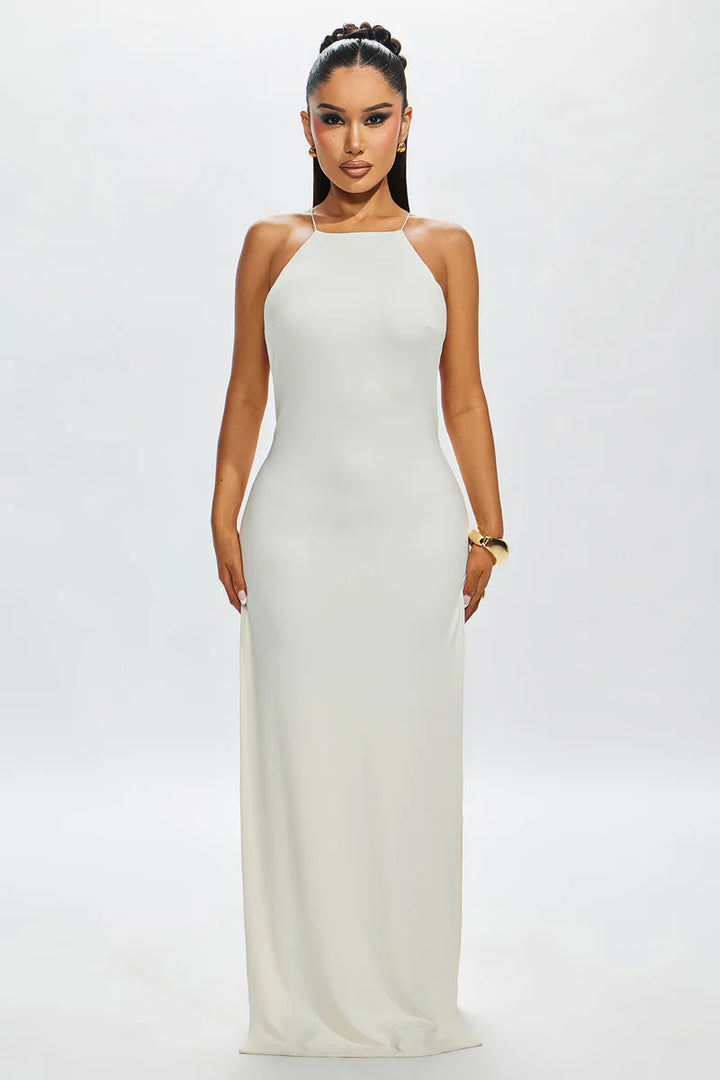 Fashion Nova Backless Strapless Rayon Blend High Neck Bombshell Maxi Dress