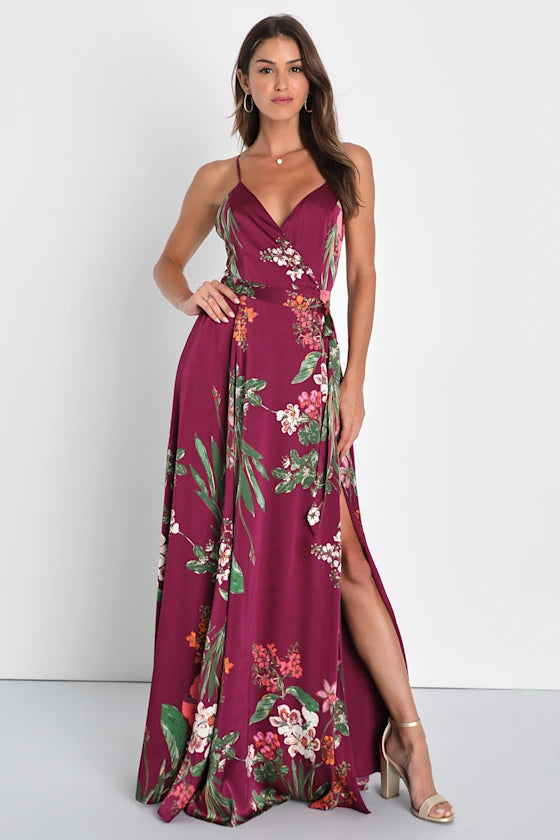 Lulus Emerald Green Floral Print Satin Maxi Dress Womens