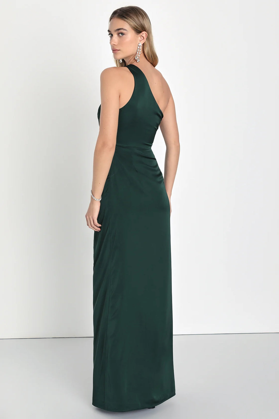 Lulus Women Dreaming of Elegance Emerald Satin One-Shoulder Maxi Dress