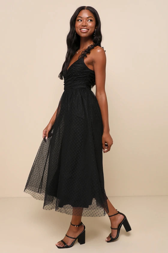 Lulus Swiss Dot Ruched Tulle Midi Dress Womens