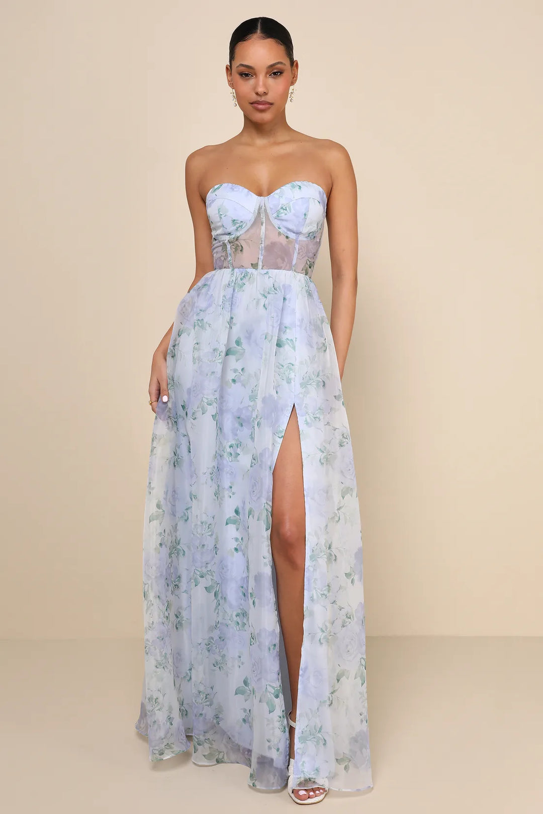 Lulus  Woman's Blue Charming Sweetness Periwinkle Floral Organza Bustier Maxi Dress