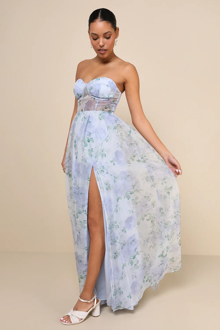 Lulus  Woman's Blue Charming Sweetness Periwinkle Floral Organza Bustier Maxi Dress