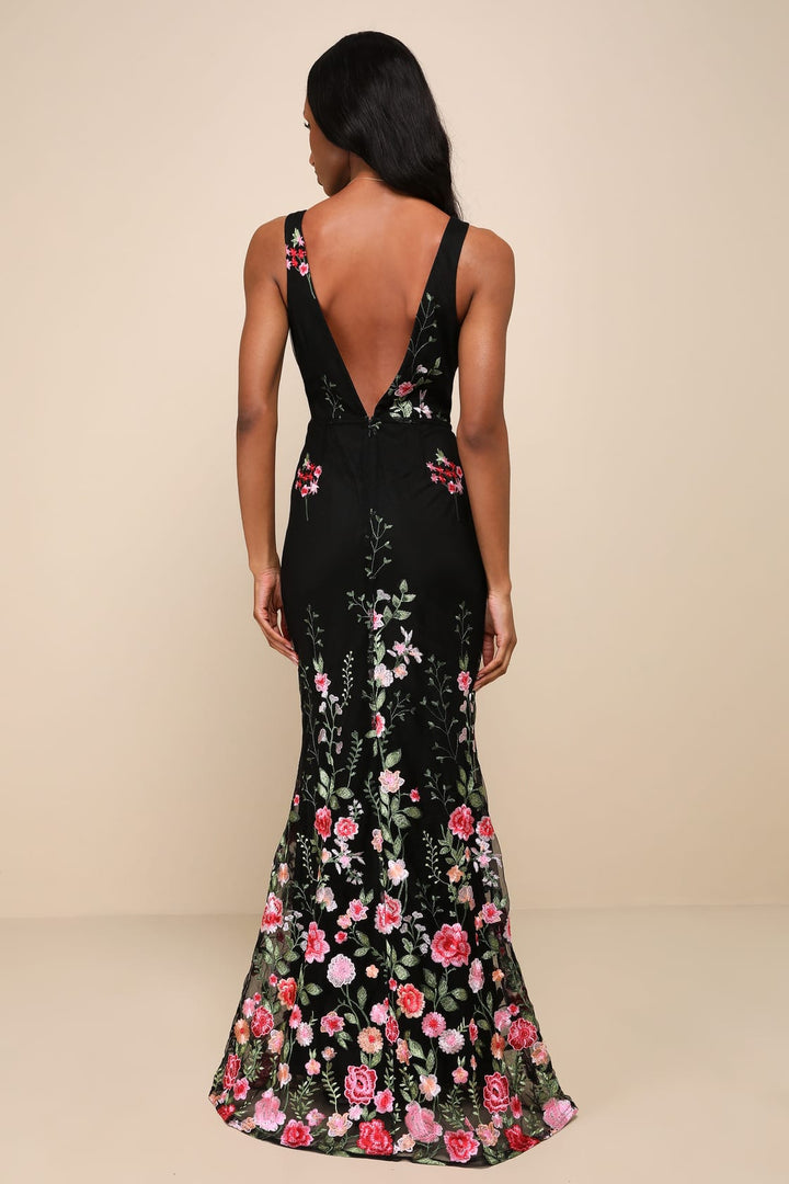 Lulus Women's Black Floral Embroidered Mermaid Maxi Dress