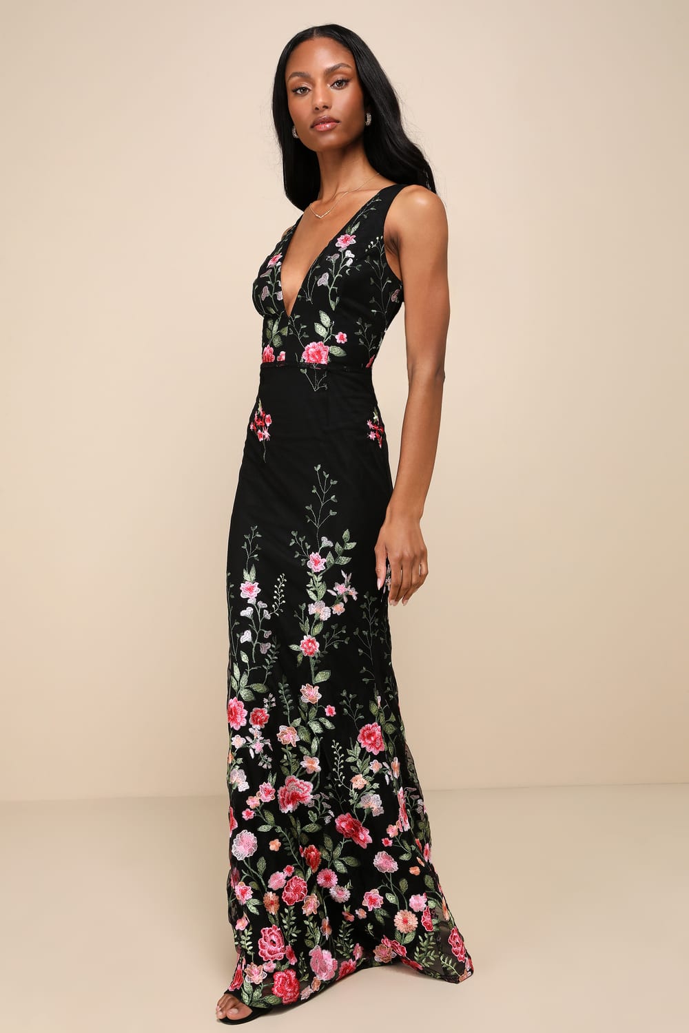 Lulus Women's Black Floral Embroidered Mermaid Maxi Dress