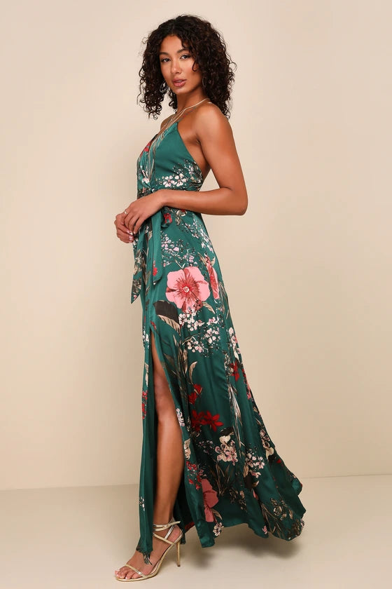 Lulus Emerald Green Floral Print Satin Maxi Dress Womens