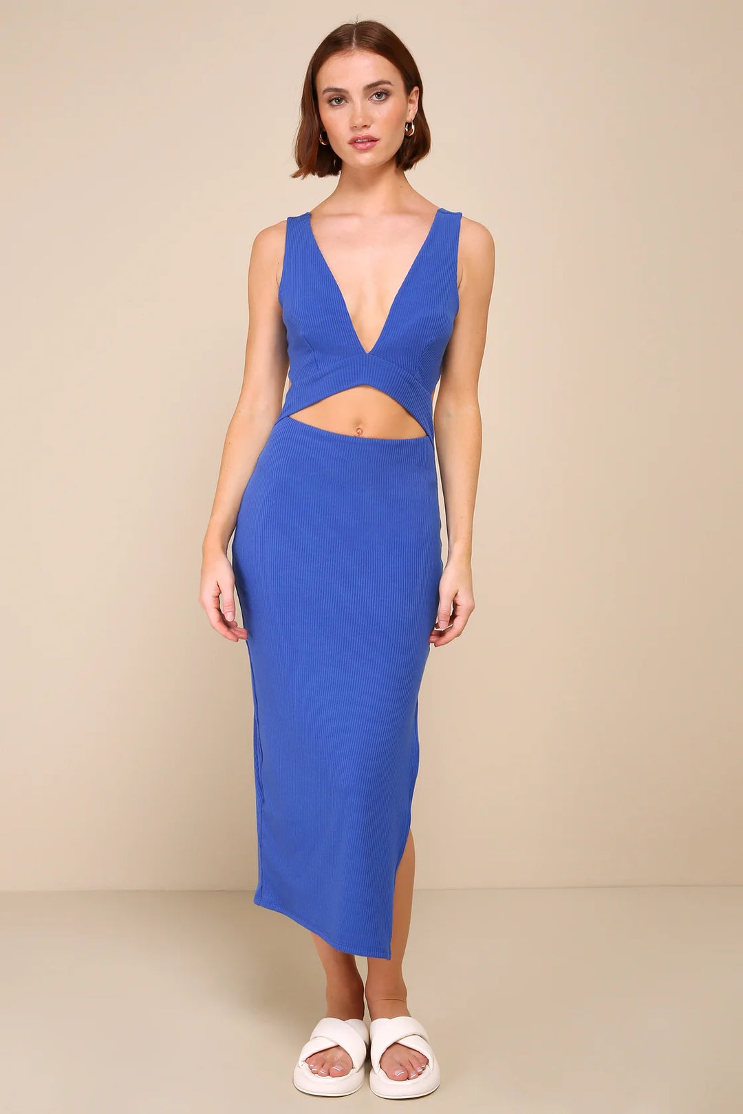 Lulus Women Divide and Contour  Ribbed Cutout Bodycon Midi Dress