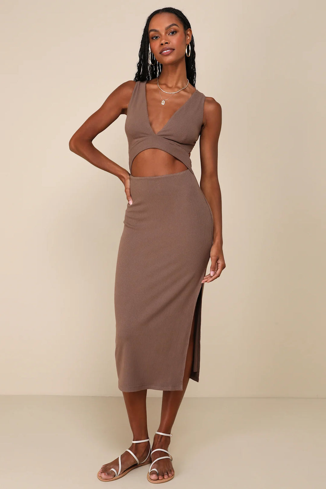 Lulus Women Divide and Contour  Ribbed Cutout Bodycon Midi Dress