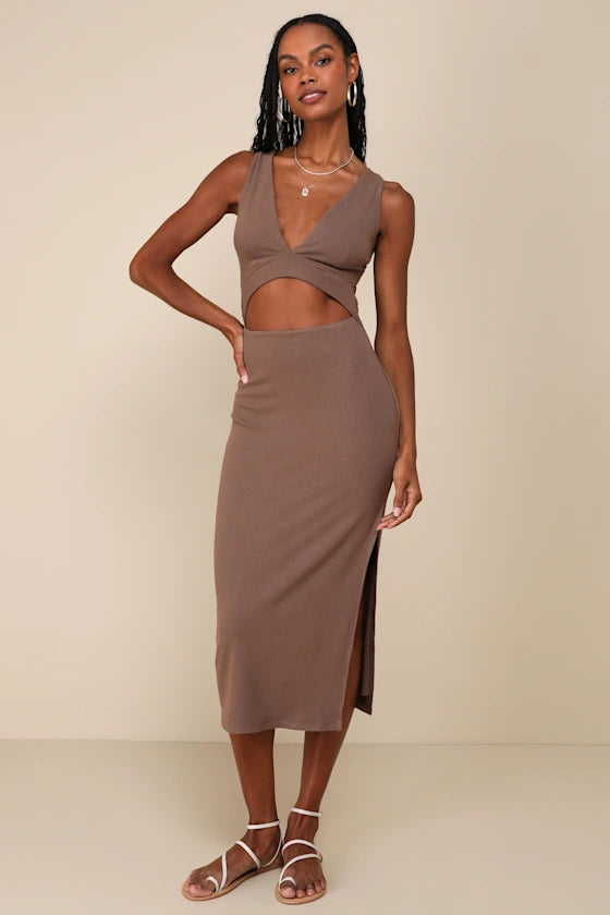 Lulus Womens Ribbed Cutout Bodycon Midi Dress