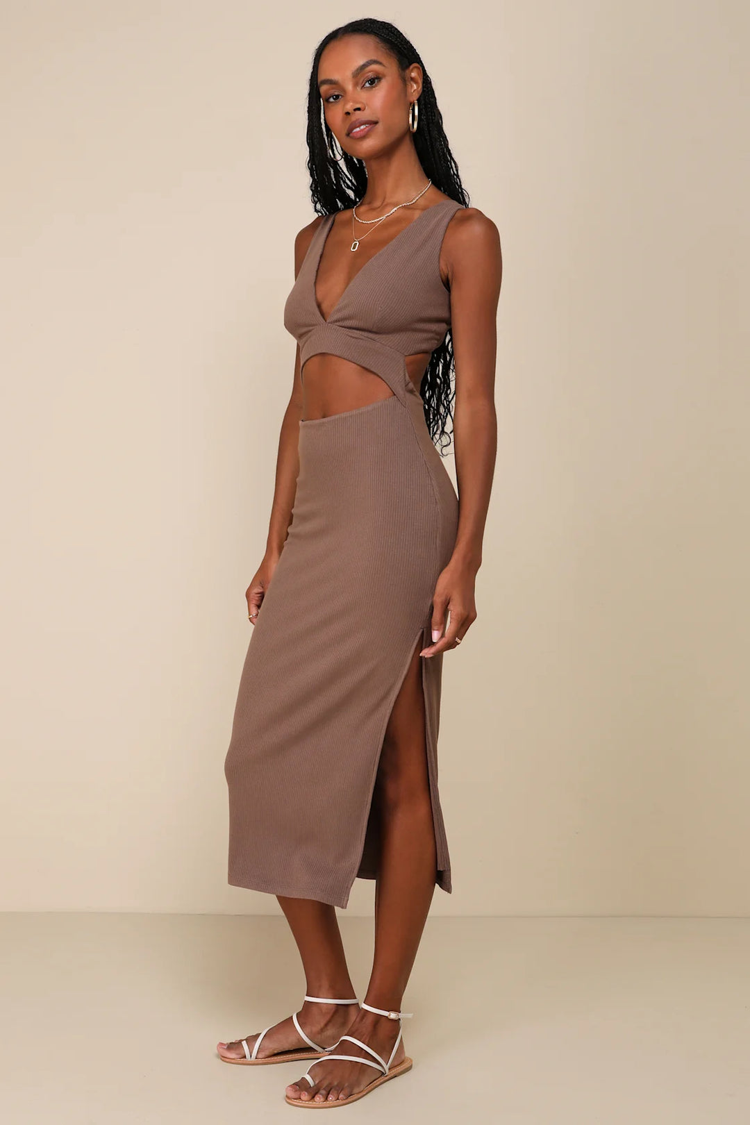 Lulus Women Divide and Contour  Ribbed Cutout Bodycon Midi Dress