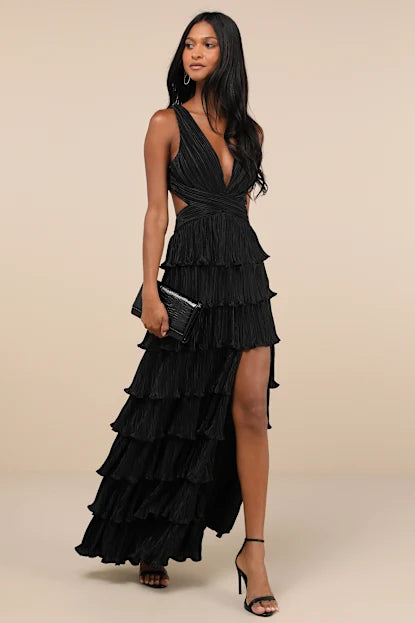 Lulus Womens Black Satin Pleated Tiered Lace-Up Maxi Dress