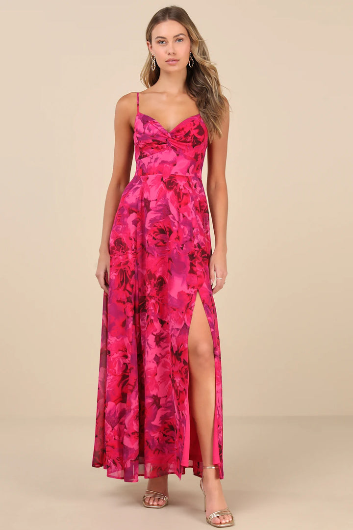 Lulus Women Beautiful Soul Fuchsia Floral Print Twist-Front Maxi Dress
