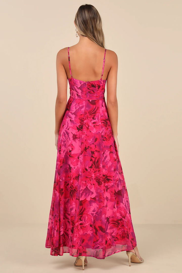 Lulus Women Beautiful Soul Fuchsia Floral Print Twist-Front Maxi Dress