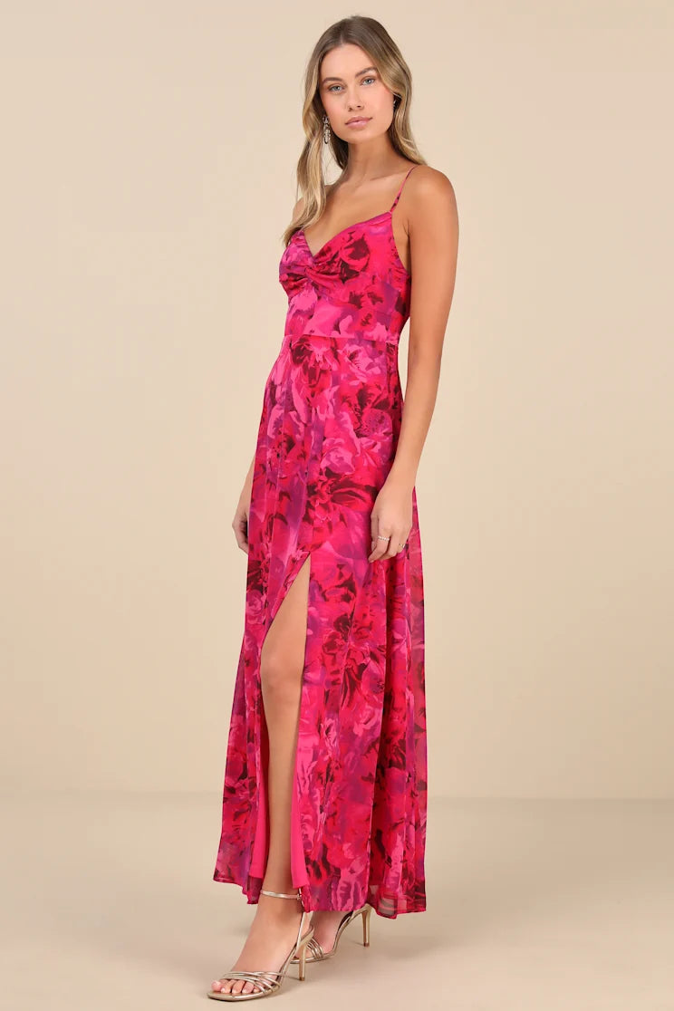Lulus Women Beautiful Soul Fuchsia Floral Print Twist-Front Maxi Dress