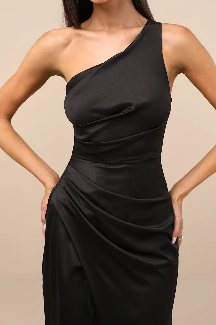 Lulus Women Dreaming of Elegance Emerald Satin One-Shoulder Maxi Dress