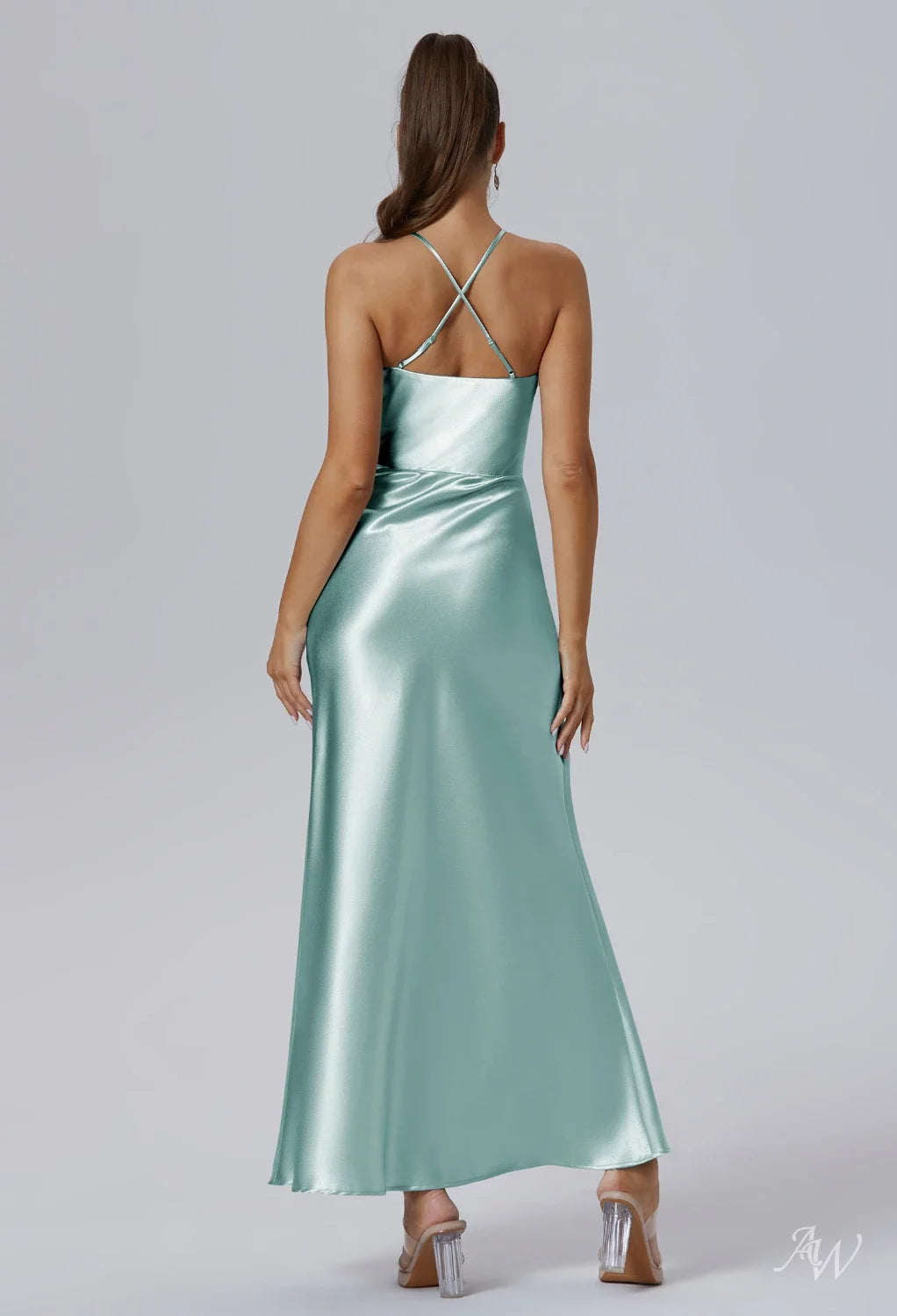 AWBridal Mermaid Halter Neckline Ankle Length Sleeveless Crystal Satin Dresses