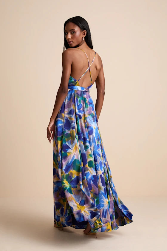 Lulus Emerald Green Floral Print Satin Maxi Dress Womens