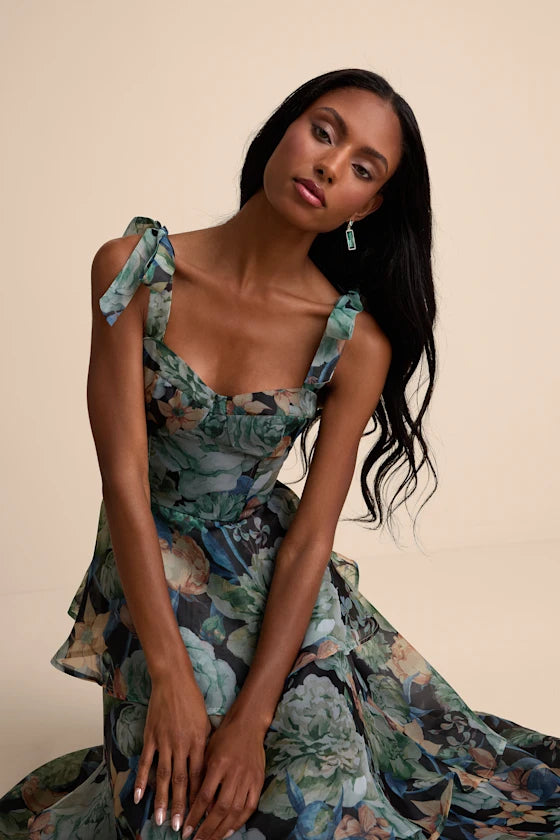 Lulus Black Floral Organza Tie-Strap Tiered Midi Dress Womens