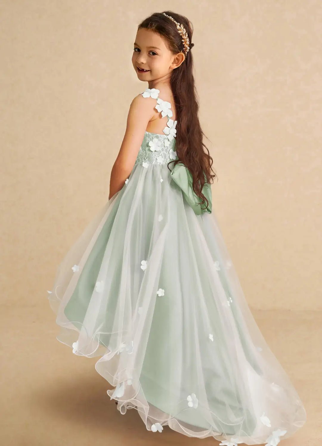 Azazie A-Line/Princess V-Neck Asymmetrical Tulle Flower Girl Dresses