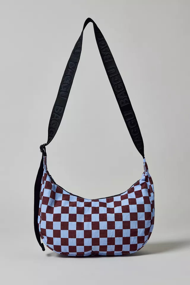 BAGGU Medium Nylon Crescent Bag in Brown/blue Check – Uo Exclusive at Urban Outfitters BAGGU