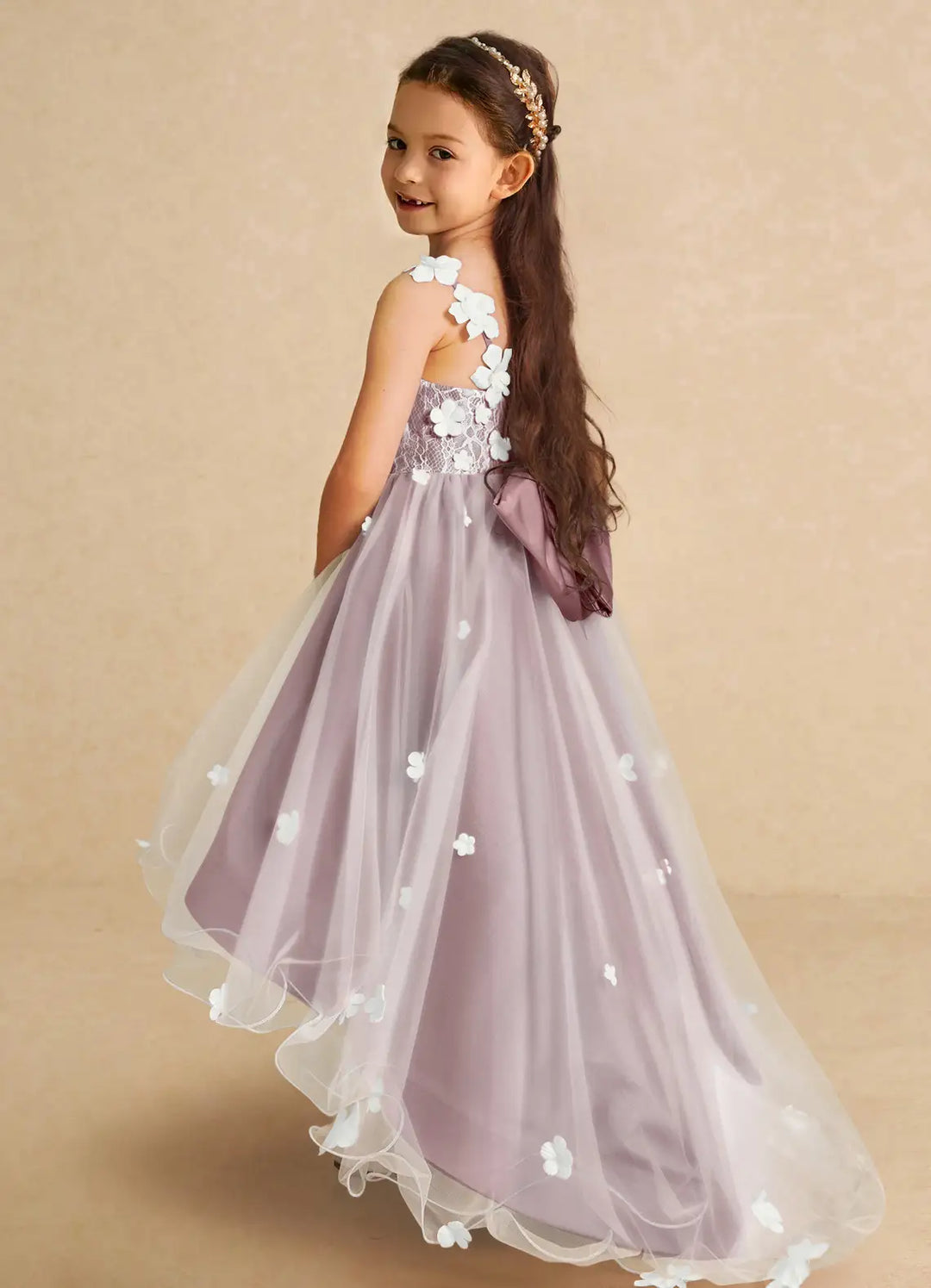 Azazie A-Line/Princess V-Neck Asymmetrical Tulle Flower Girl Dresses