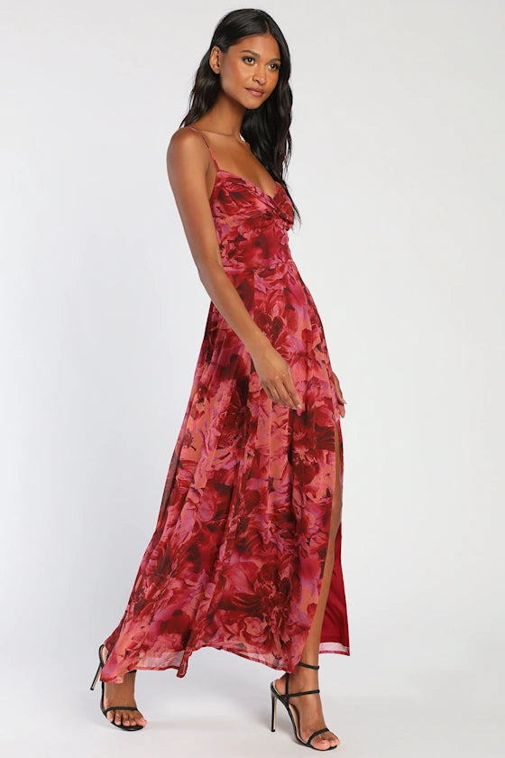 Lulus Women Beautiful Soul Fuchsia Floral Print Twist-Front Maxi Dress