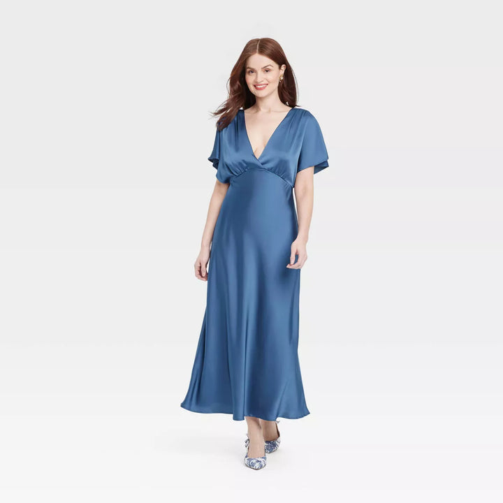 A New Day Women's Sactin Flutter Short Sleeve Maxi A-Line Dress