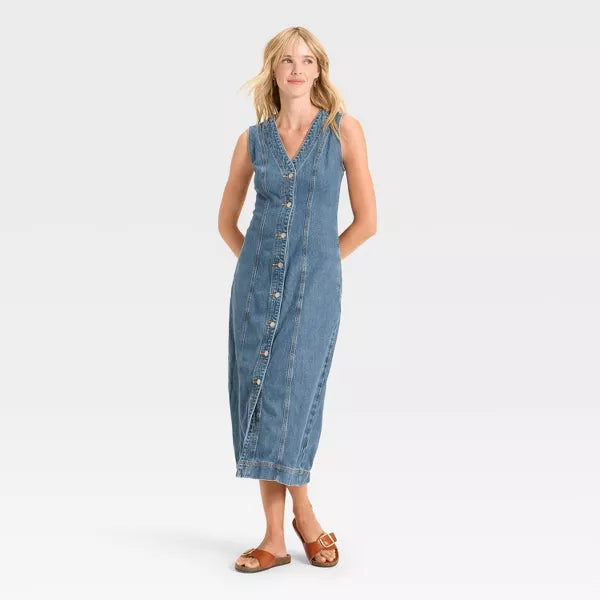 Universal Thread Women's Denim Button-Down Ankle Dress