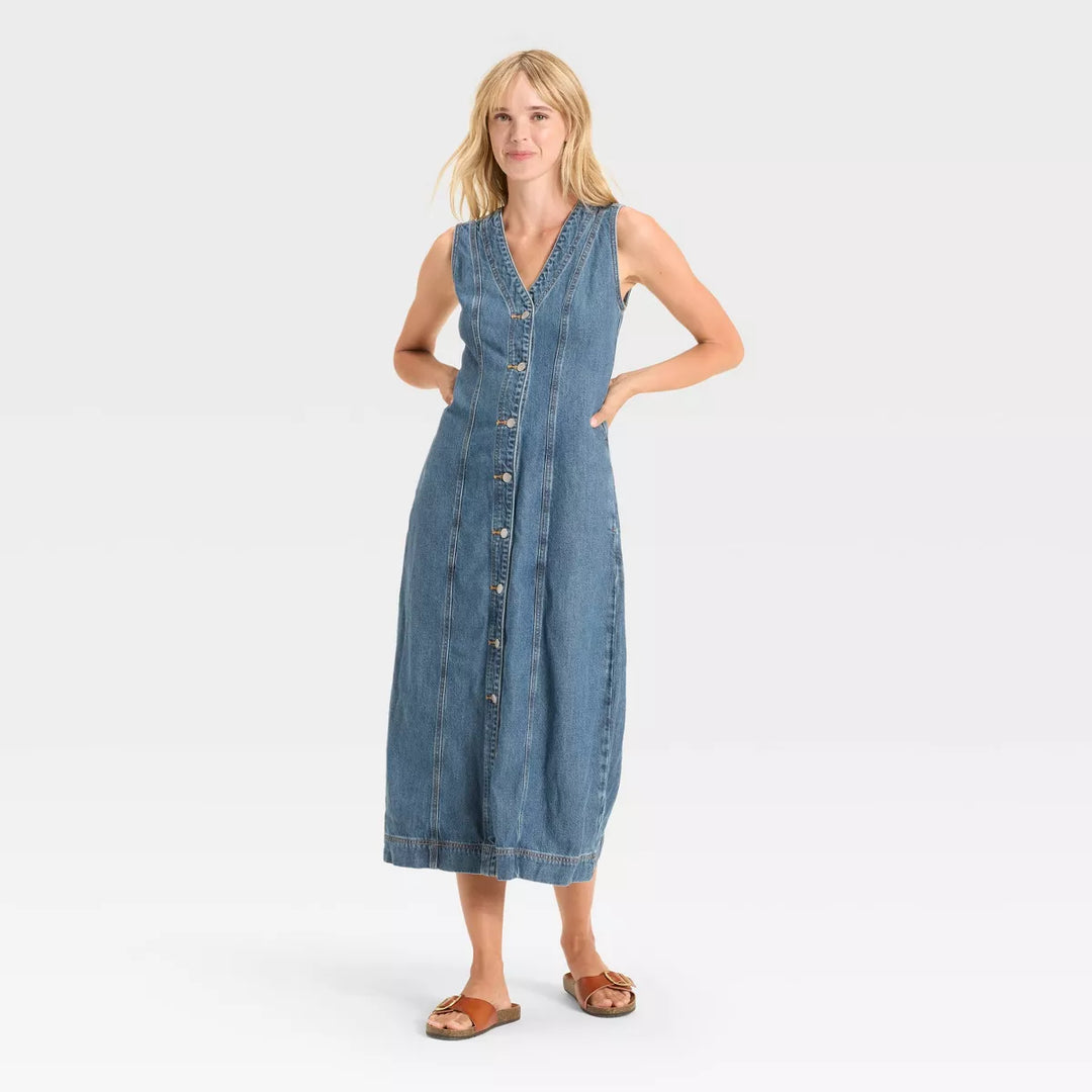 Universal Thread Women's Denim Button-Down Ankle Dress