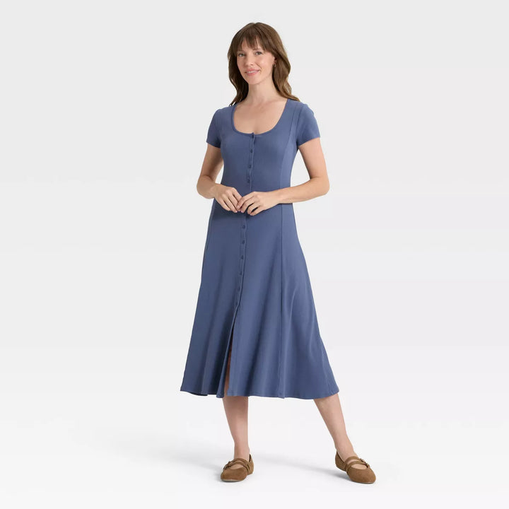 Universal Thread Women's Short Sleeve Knit Button-Front Midi A-Line Dress