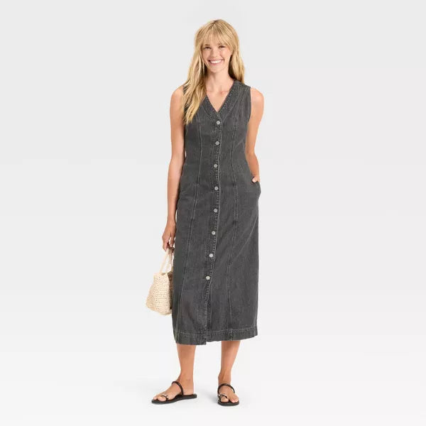 Universal Thread Women's Denim Button-Down Ankle Dress