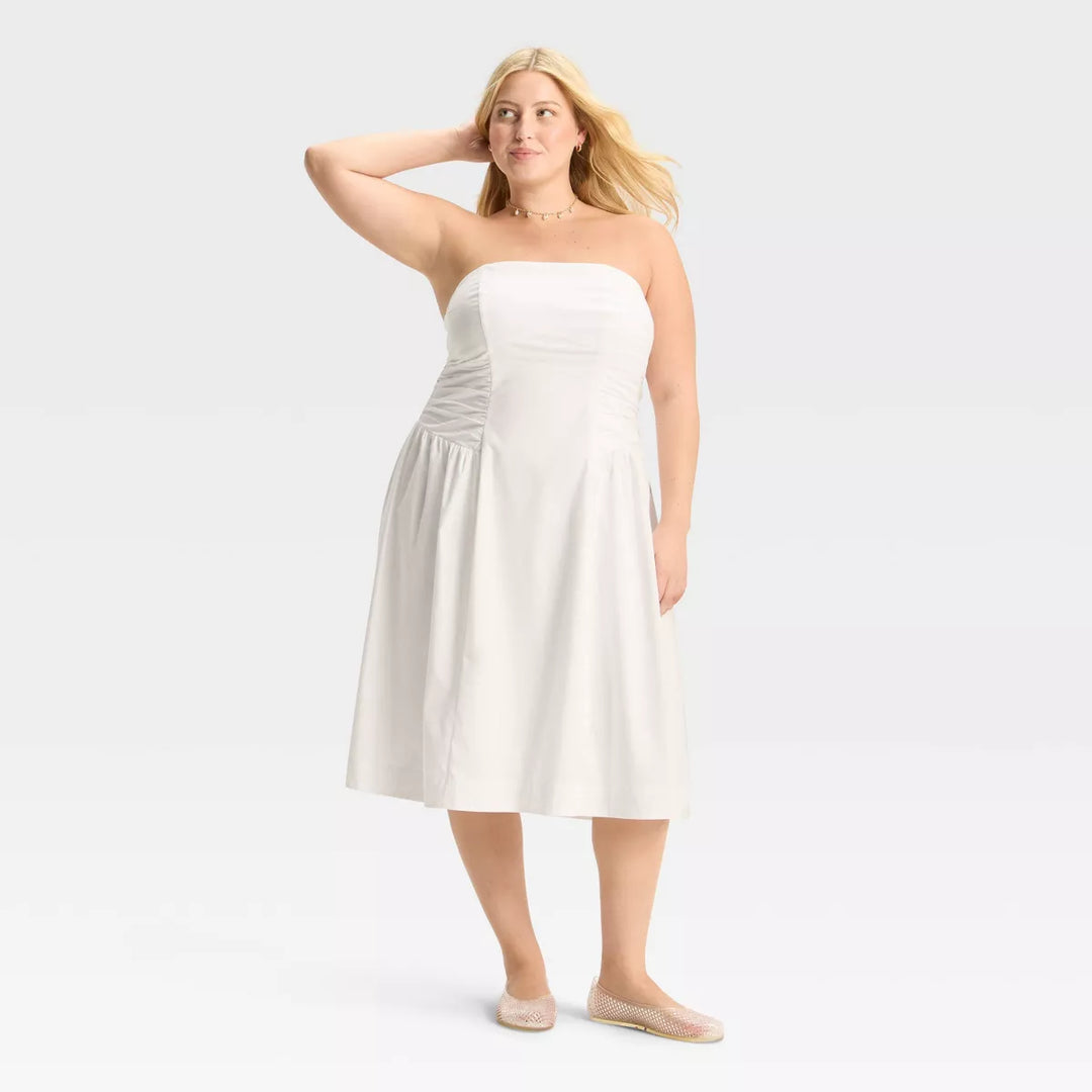 Wild Fable Women's Ruched Midi Tube Poplin Dress
