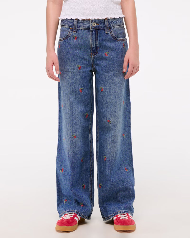 Abercrombie Kids Girls High Rise Wide Leg Jeans in Medium Wash