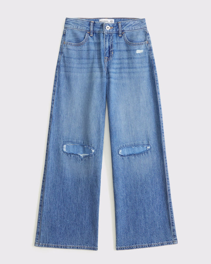 Abercrombie Kids Girls High Rise Wide Leg Jeans in Medium Wash