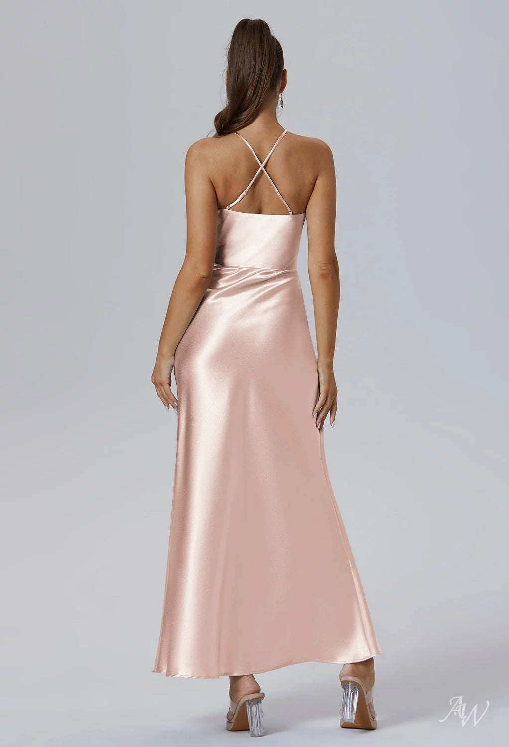 AWBridal Mermaid Halter Neckline Ankle Length Sleeveless Crystal Satin Dresses