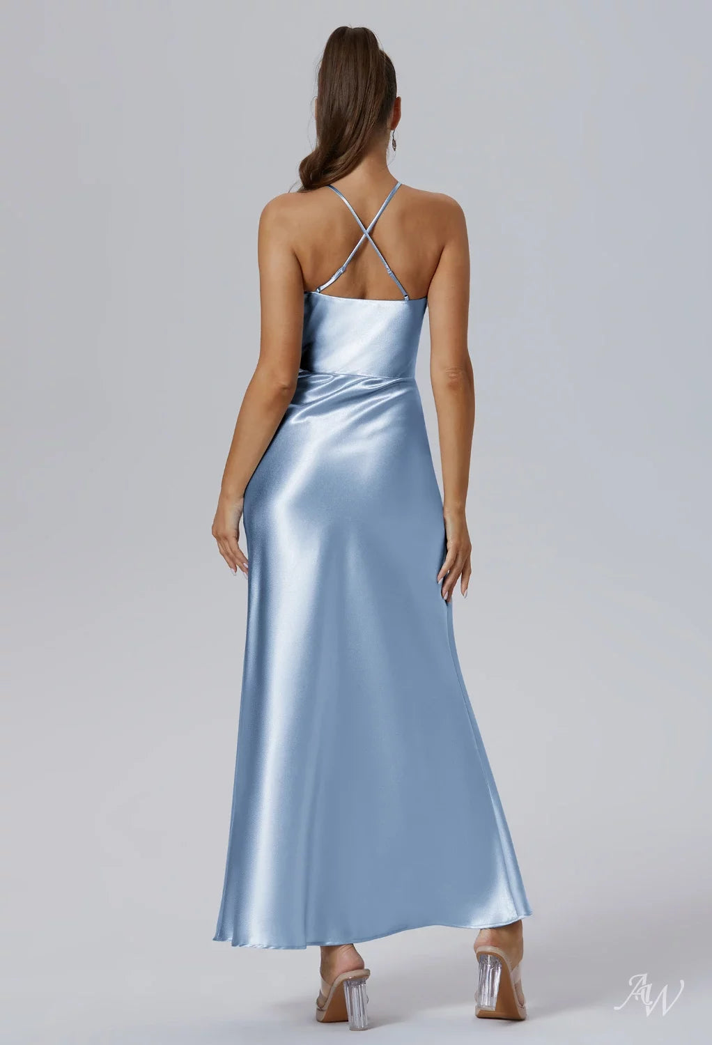 AWBridal Mermaid Halter Neckline Ankle Length Sleeveless Crystal Satin Dresses