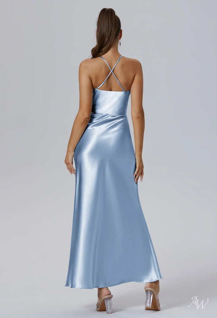 AWBridal Mermaid Halter Neckline Ankle Length Sleeveless Crystal Satin Dresses