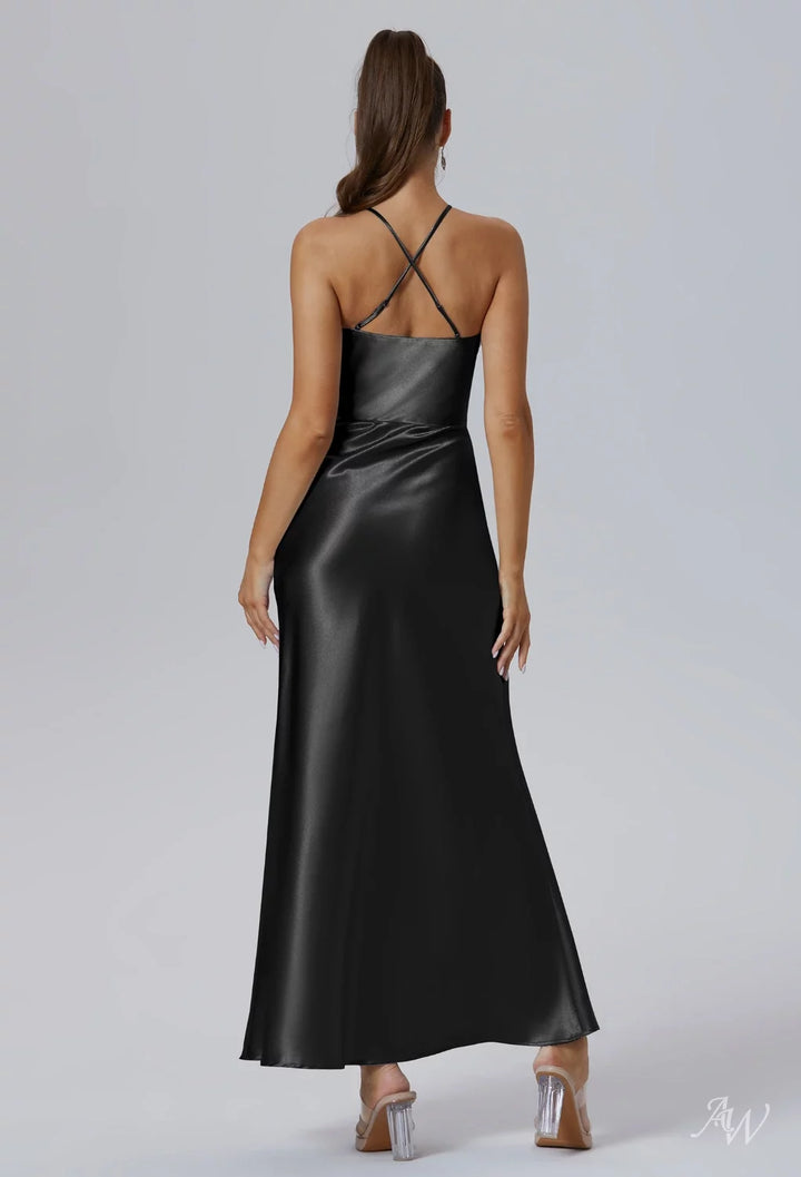 AWBridal Mermaid Halter Neckline Ankle Length Sleeveless Crystal Satin Dresses