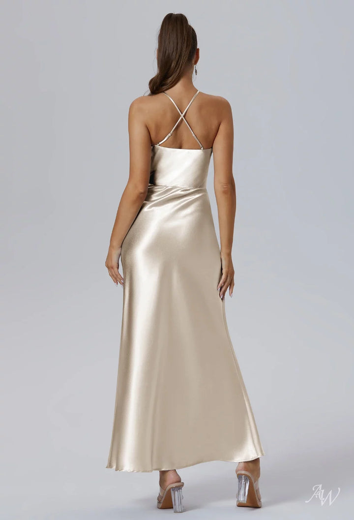 AWBridal Mermaid Halter Neckline Ankle Length Sleeveless Crystal Satin Dresses