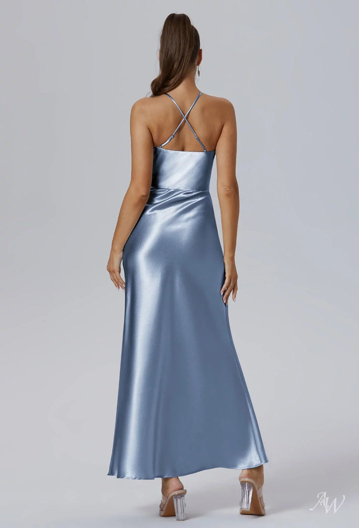 AWBridal Mermaid Halter Neckline Ankle Length Sleeveless Crystal Satin Dresses
