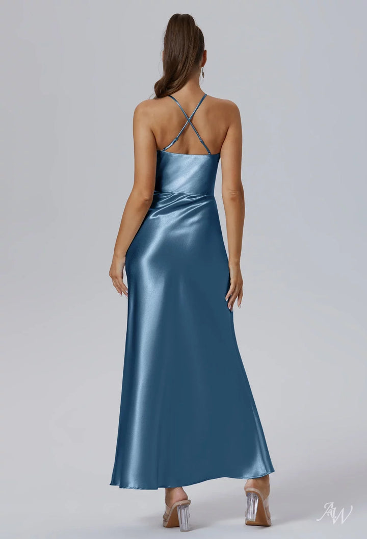 AWBridal Mermaid Halter Neckline Ankle Length Sleeveless Crystal Satin Dresses