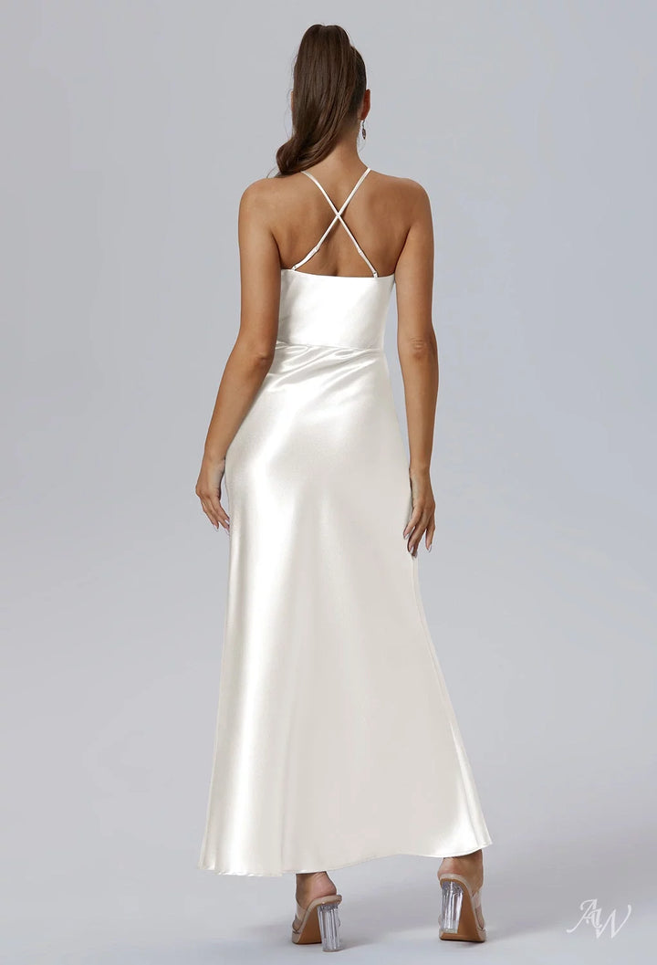 AWBridal Mermaid Halter Neckline Ankle Length Sleeveless Crystal Satin Dresses
