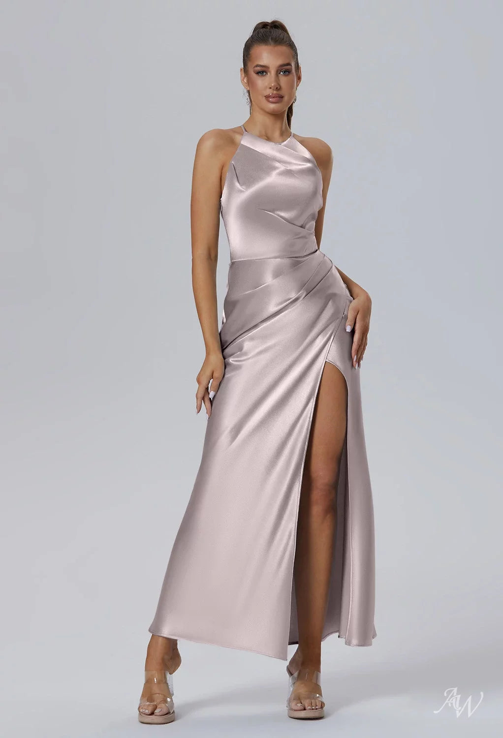 AWBridal Mermaid Halter Neckline Ankle Length Sleeveless Crystal Satin Dresses