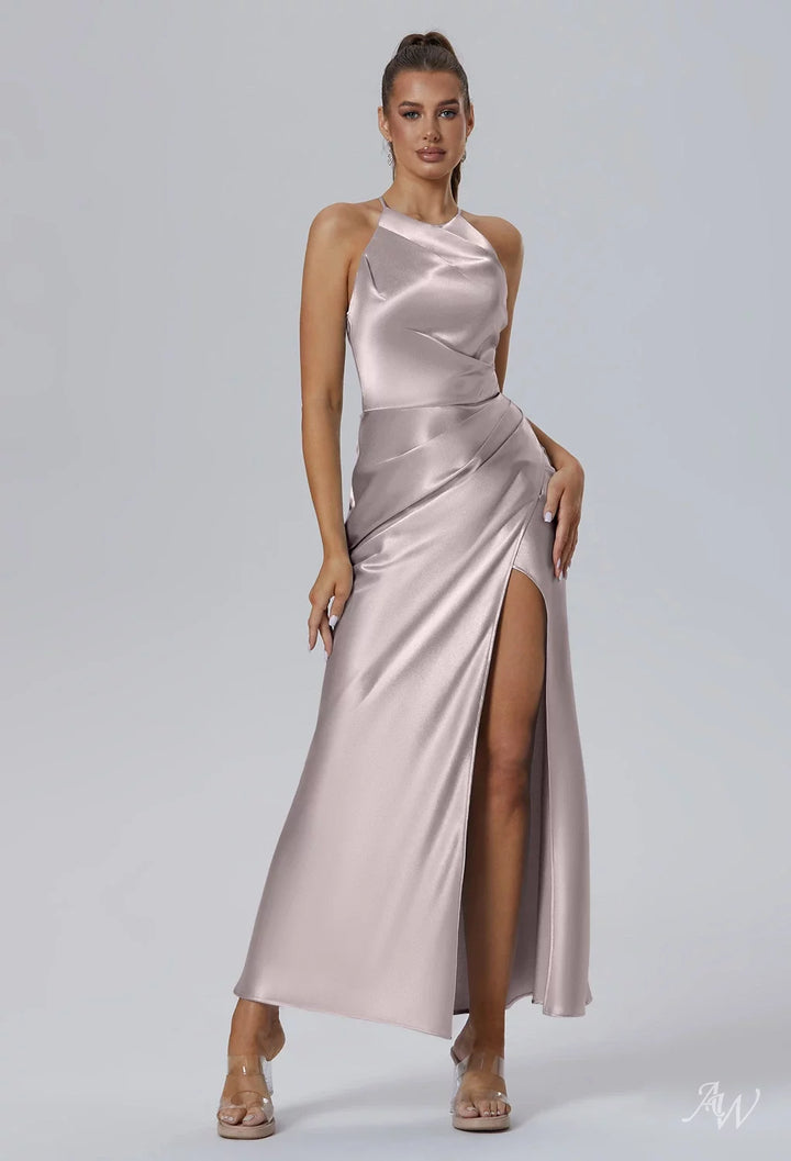 AWBridal Mermaid Halter Neckline Ankle Length Sleeveless Crystal Satin Dresses