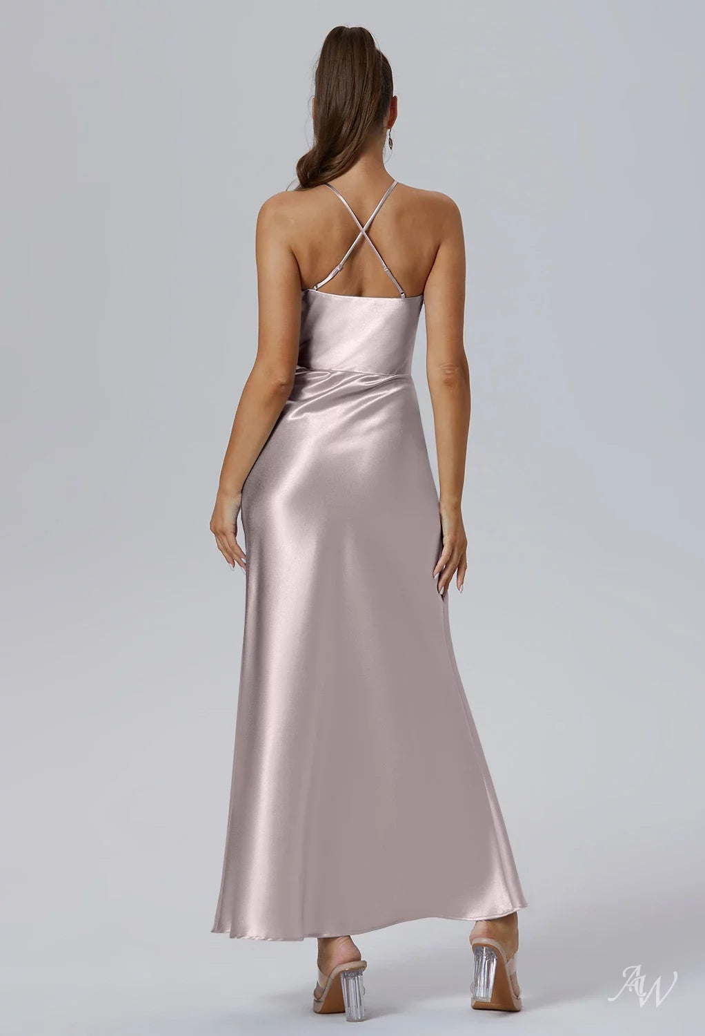 AWBridal Mermaid Halter Neckline Ankle Length Sleeveless Crystal Satin Dresses