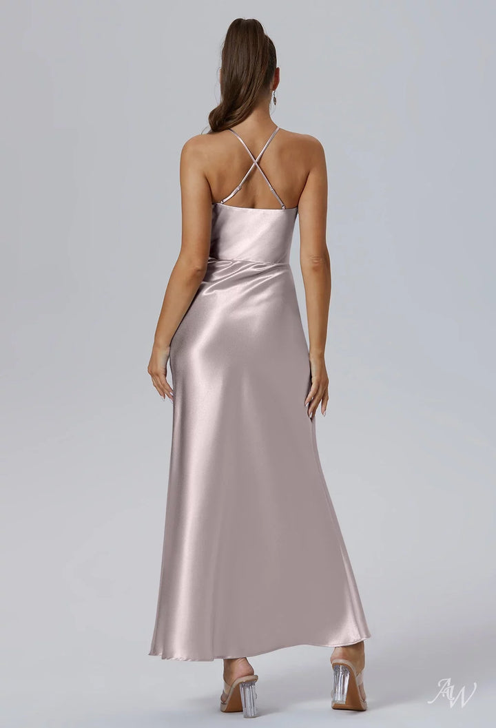 AWBridal Mermaid Halter Neckline Ankle Length Sleeveless Crystal Satin Dresses
