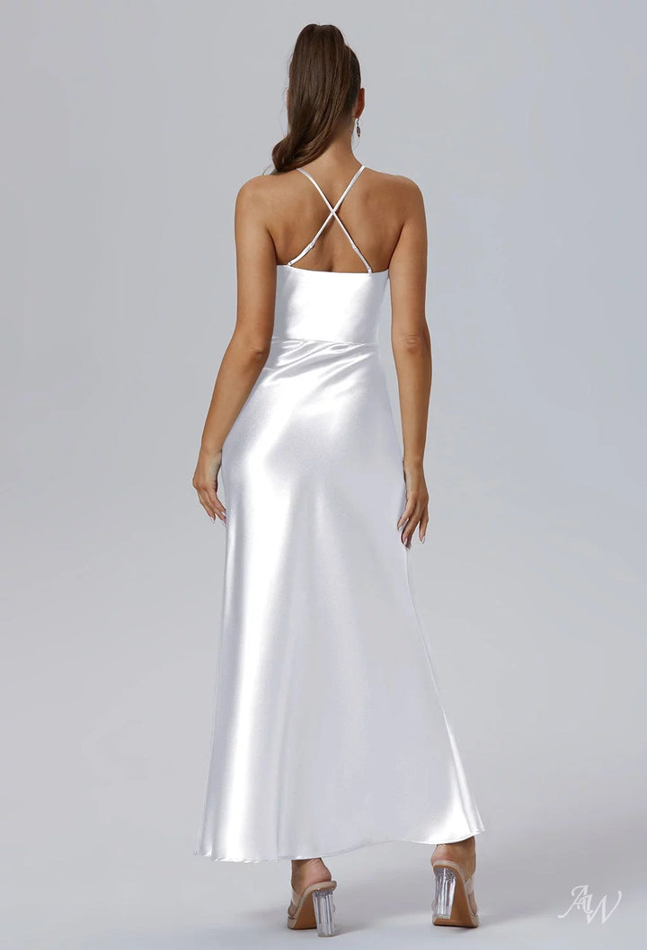 AWBridal Mermaid Halter Neckline Ankle Length Sleeveless Crystal Satin Dresses