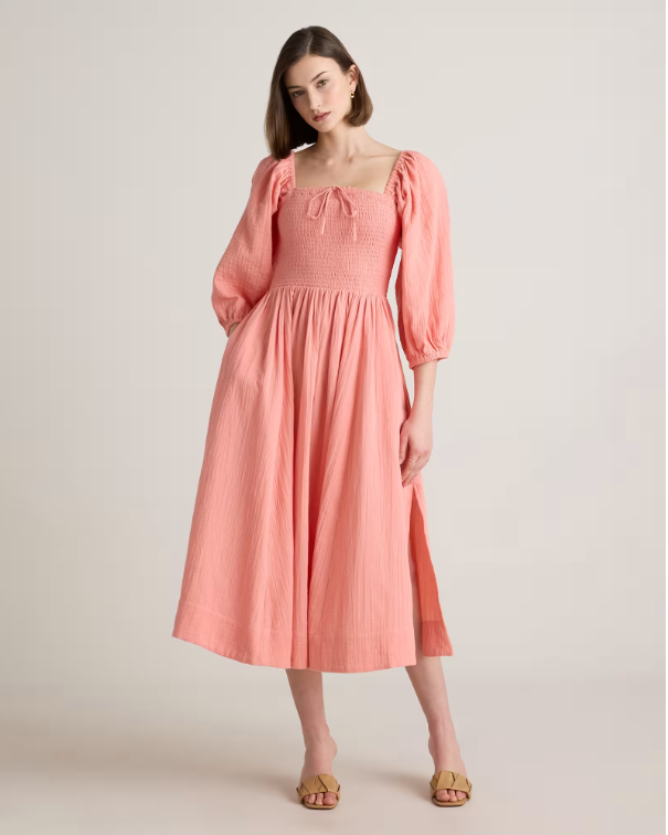 Quince Women's Gauze Smocked Square Neck Midi Dress