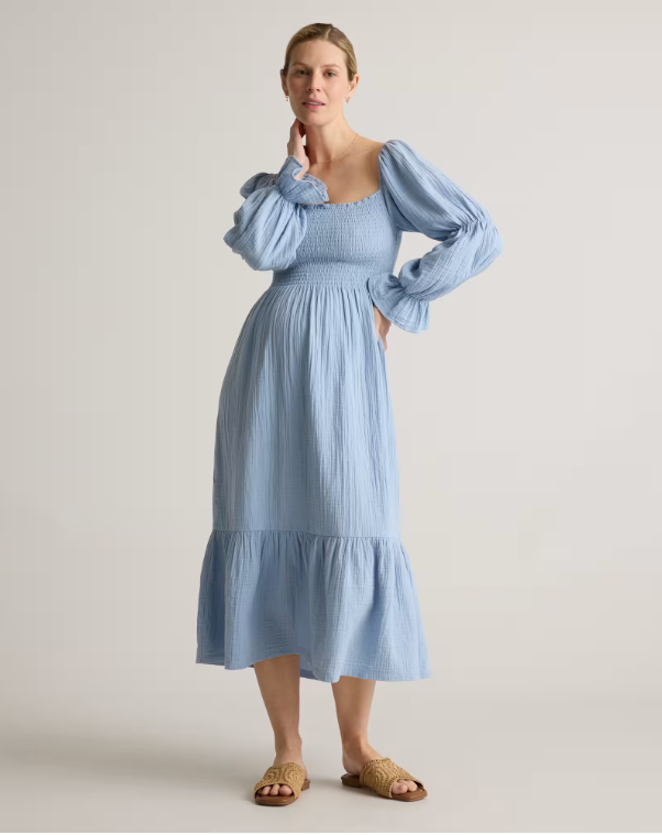 Quince  Women's Gauze Maternity Smocked Midi Dress