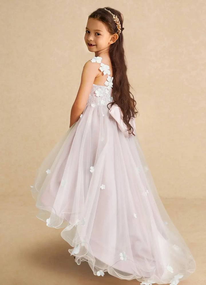 Azazie A-Line/Princess V-Neck Asymmetrical Tulle Flower Girl Dresses